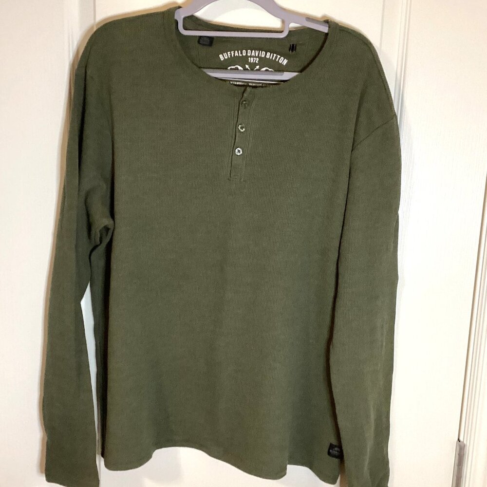 Buffalo David Bitton Men's Henley Style Green Waffle Knit Top Long Sleeve Size M